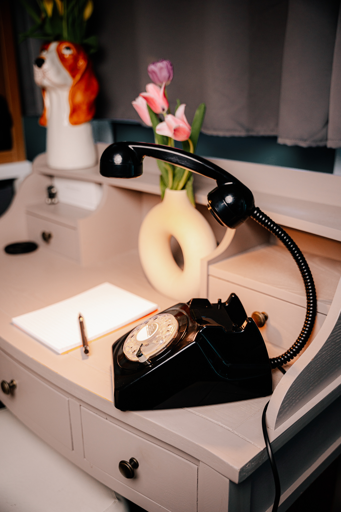 Retro Phone Lamp on a vintage white desk 2.