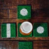 Five football cup coasters - shot from above.